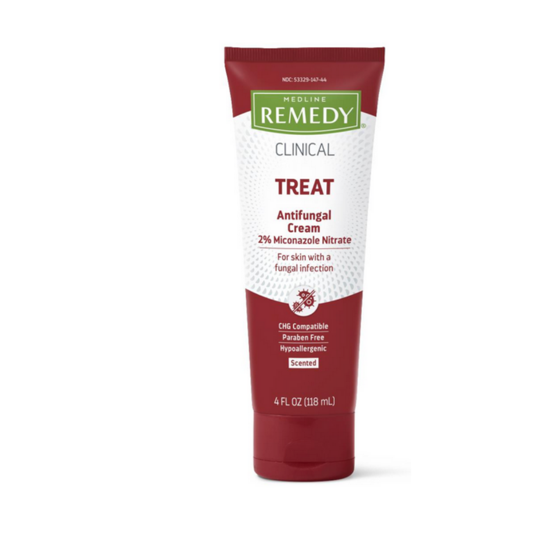 A 4 oz tube of Medline Remedy Clinical Antifungal Cream with red and white packaging, 2% miconazole nitrate, helps treat athlete’s foot and other fungal infections; CHG compatible, paraben free, scented.